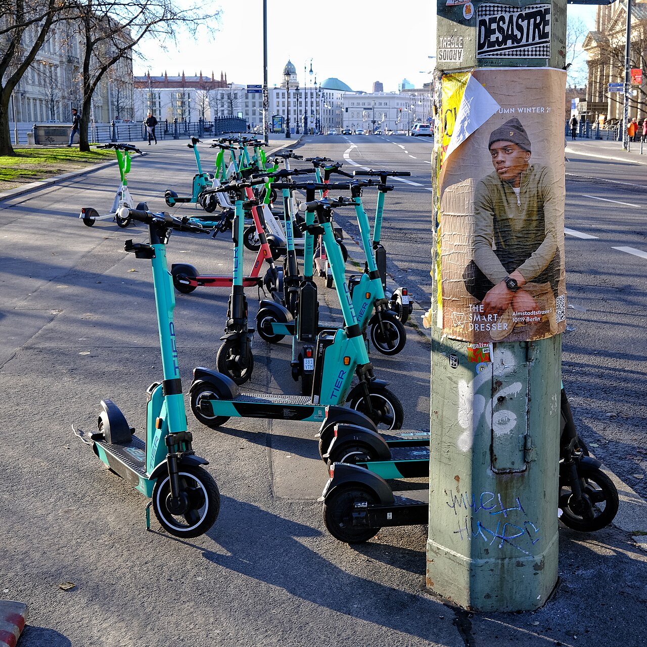 Shared e-scooters parked on a street in Berlin-Mitte